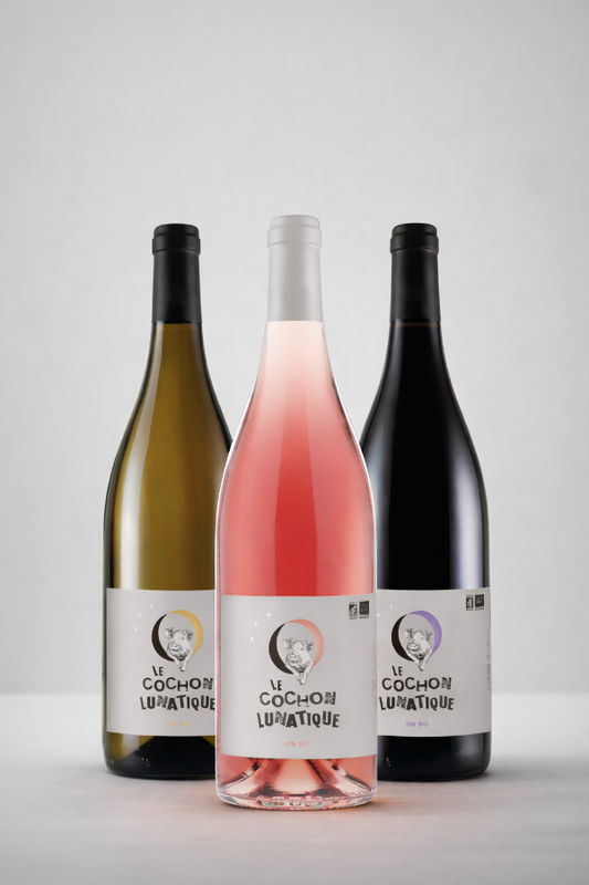 SELECTION APERITIF / DECOUVERTE Découvrez la gamme "Le Cochon Lunatique" en 3 couleurs !  2 bouteilles de vin blanc, 2 bouteilles de vin rosé et 2 bouteilles de vin rouge
